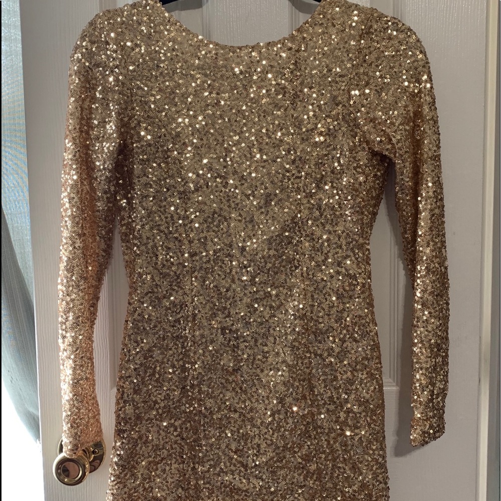 Open back gold mini dress